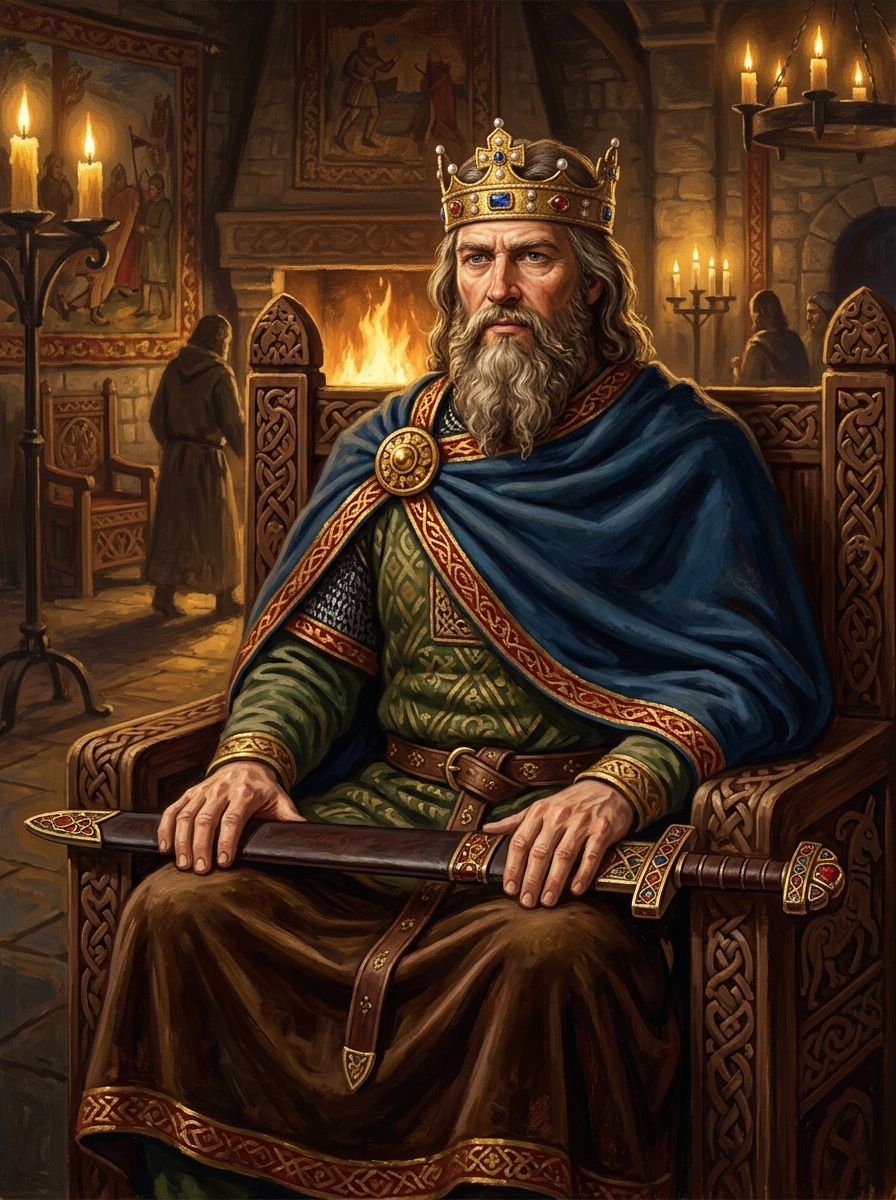 Illustration: an Anglo-Saxon king enthroned with sword and crown