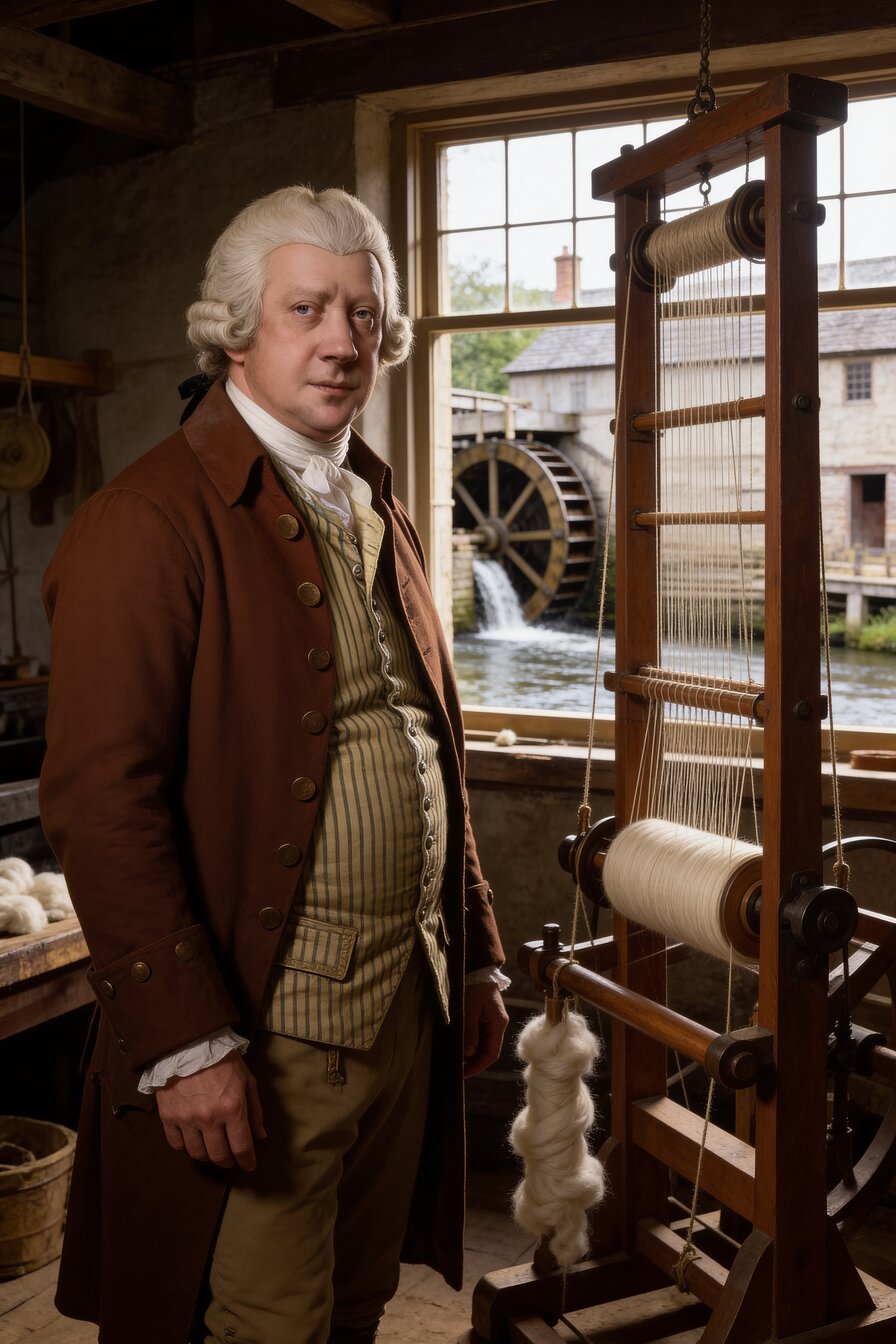 Illustration: an 18th-century mill owner beside a tall wooden spinning frame, a water wheel turning outside the window