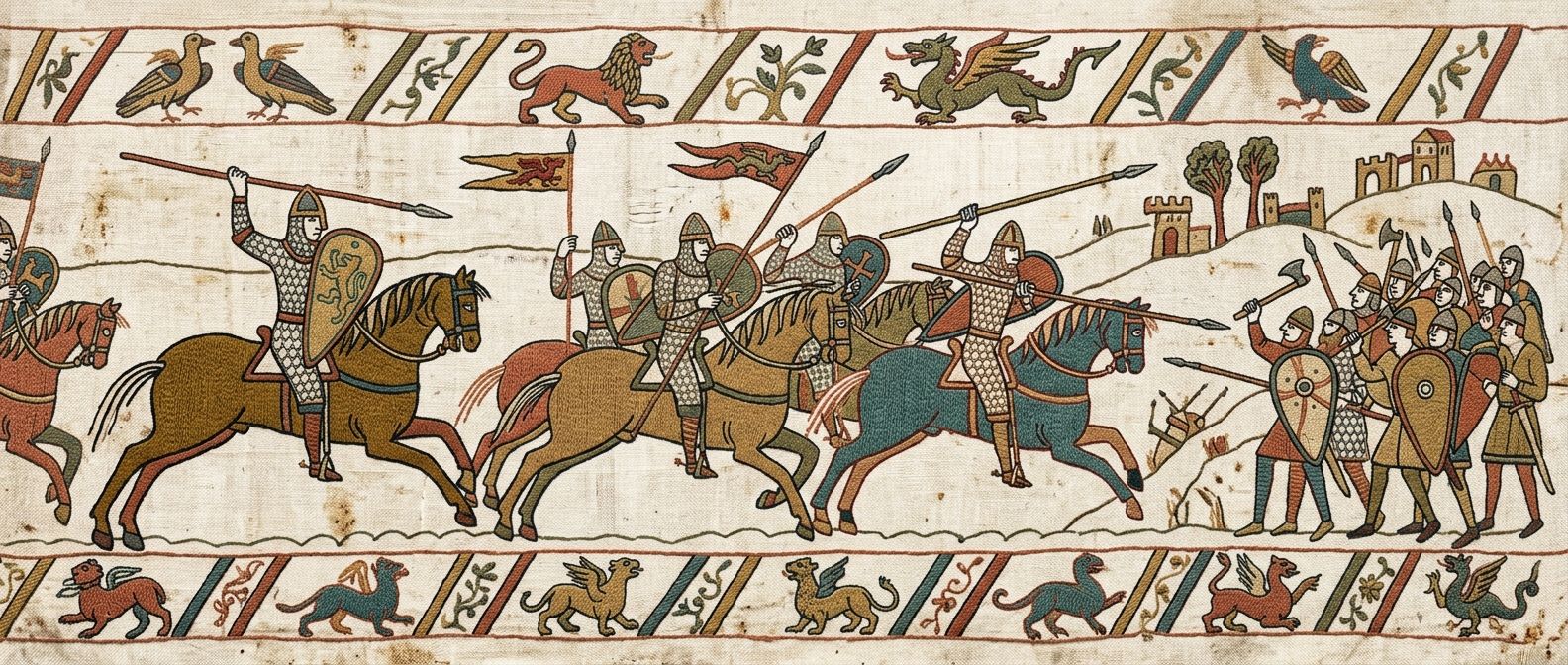 Illustration in the style of the Bayeux Tapestry: Norman cavalry charging with spears, embroidered in coloured wool on linen