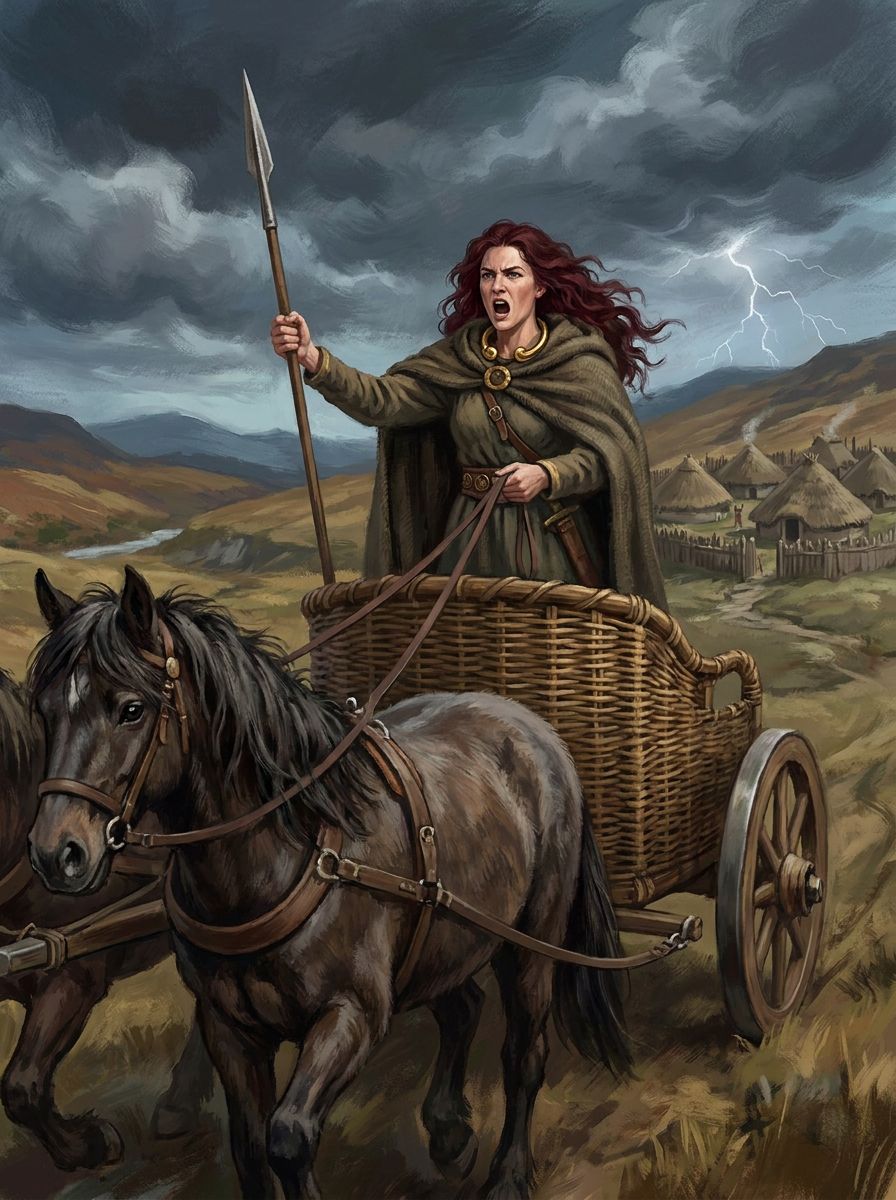 Illustration: Boudicca standing in a wicker chariot with spear raised