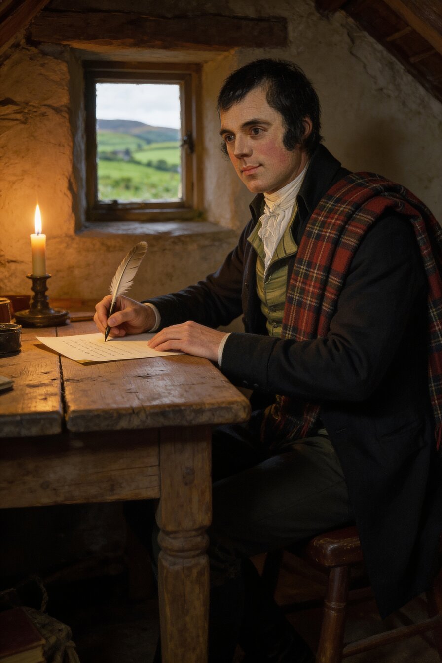 Illustration: an 18th-century Scottish poet writing with a quill by candlelight, tartan plaid over his shoulder