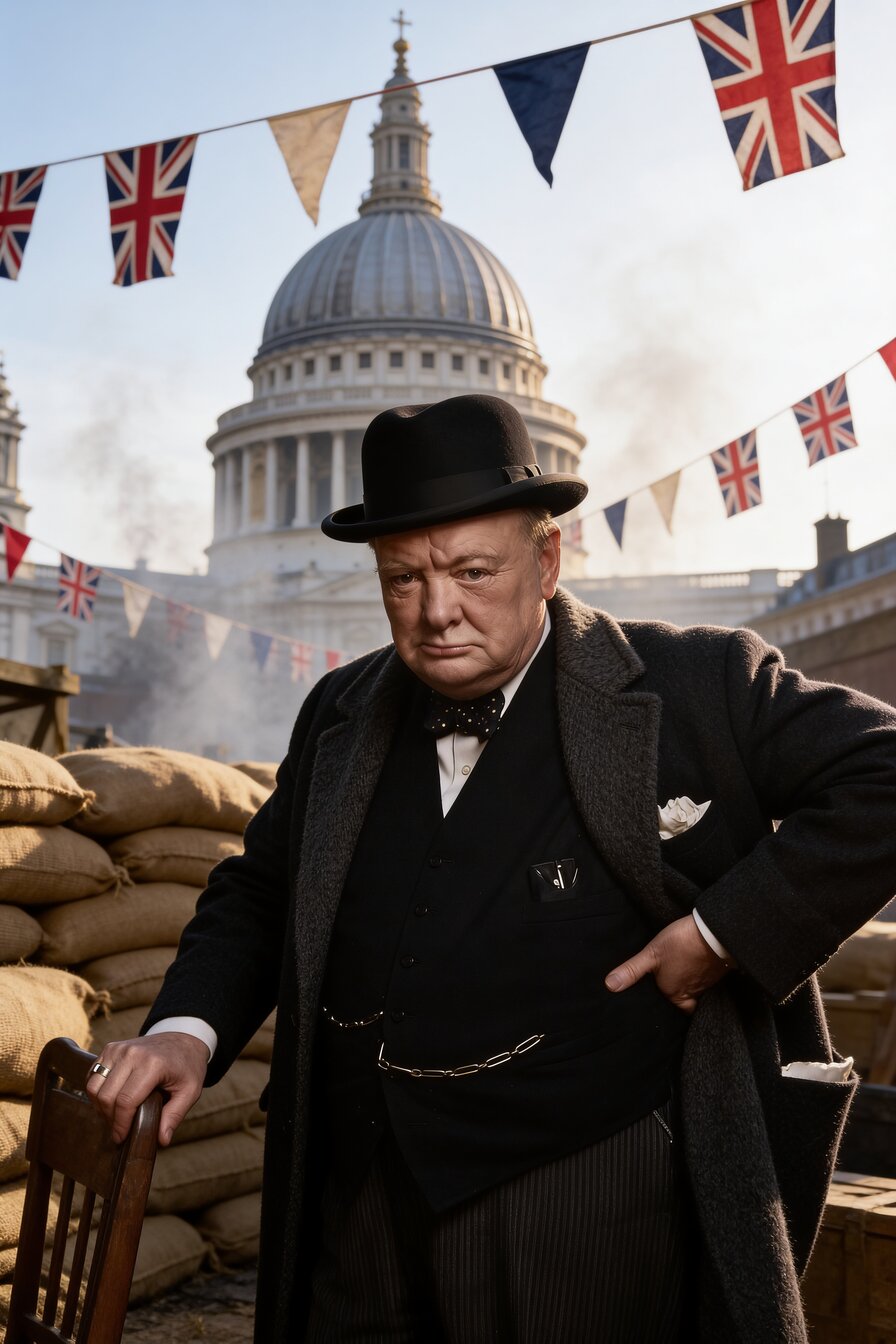 Illustration: Winston Churchill in hat and bow tie before sandbags and Union Jack bunting, St Paul's dome behind