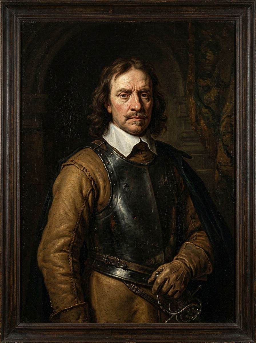 Illustration: a seventeenth-century style oil portrait of a stern Civil War era statesman in dark armour with a plain white collar