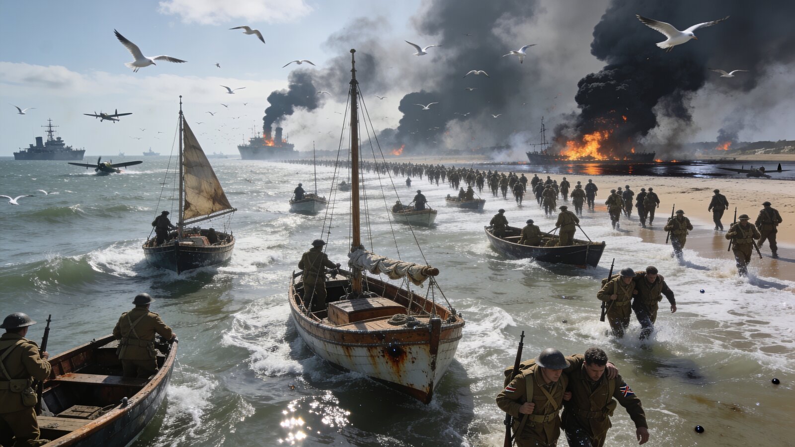 Illustration: lines of soldiers wading from a beach toward small civilian boats under drifting smoke