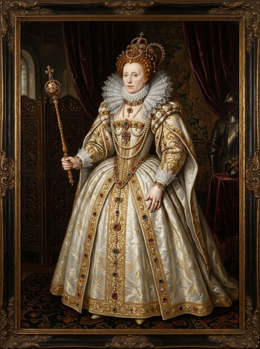 Illustration: a Tudor queen in a white and gold gown with a high lace ruff