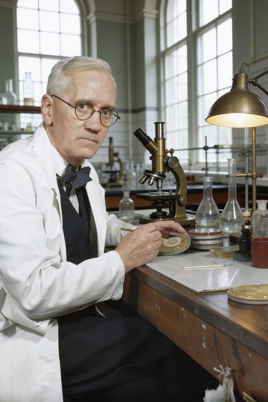 Illustration: a scientist in a white lab coat holding up a petri dish with a spot of mould, brass microscope behind