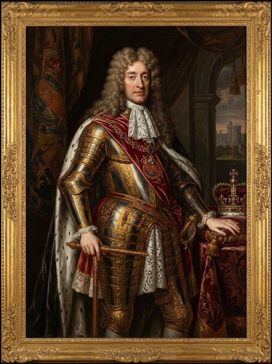 Illustration: a Stuart king in gilded armour with a long dark curled wig