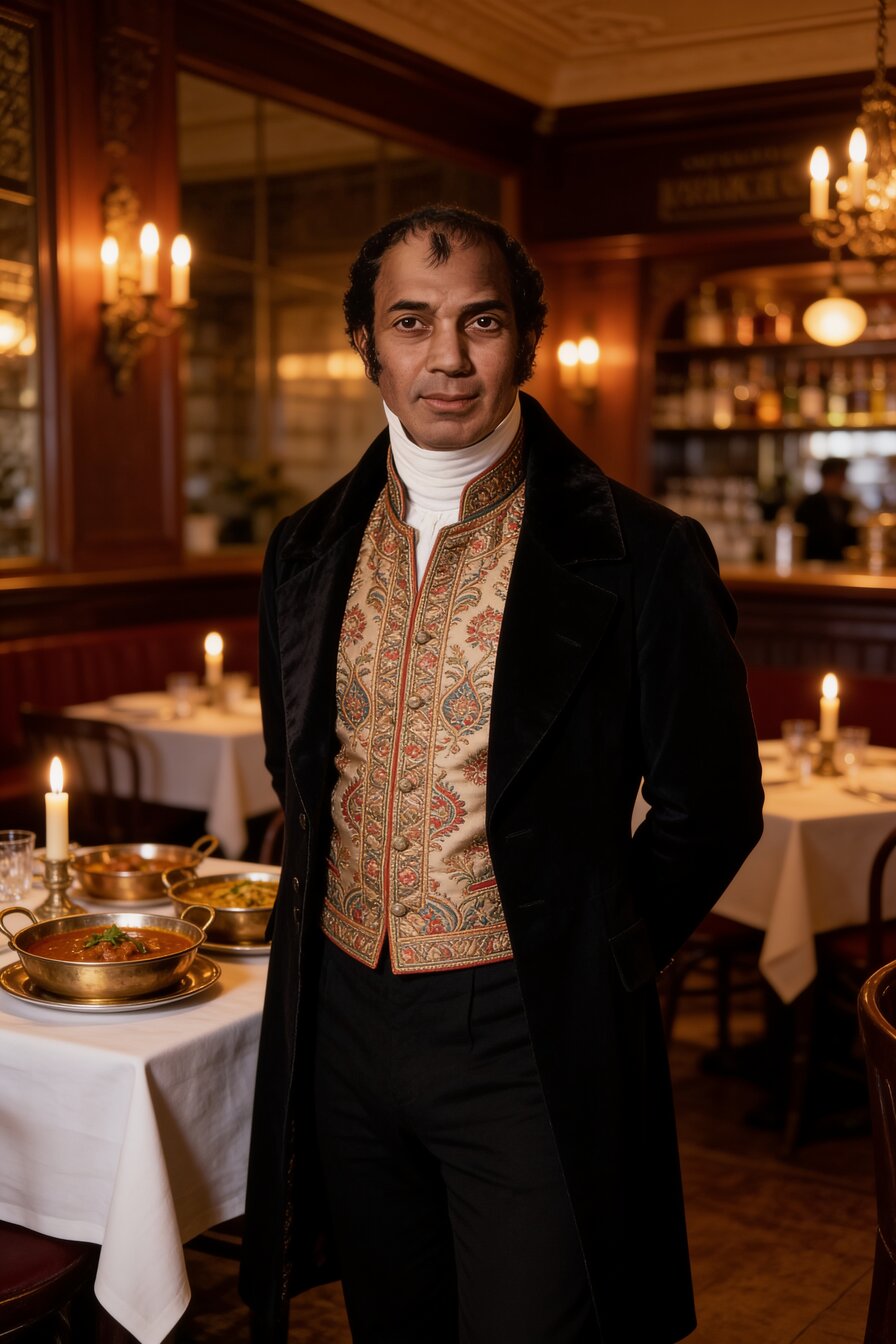 Illustration: a Georgian-era Indian gentleman in an embroidered waistcoat standing in a warm coffee-house dining room with dishes of curry