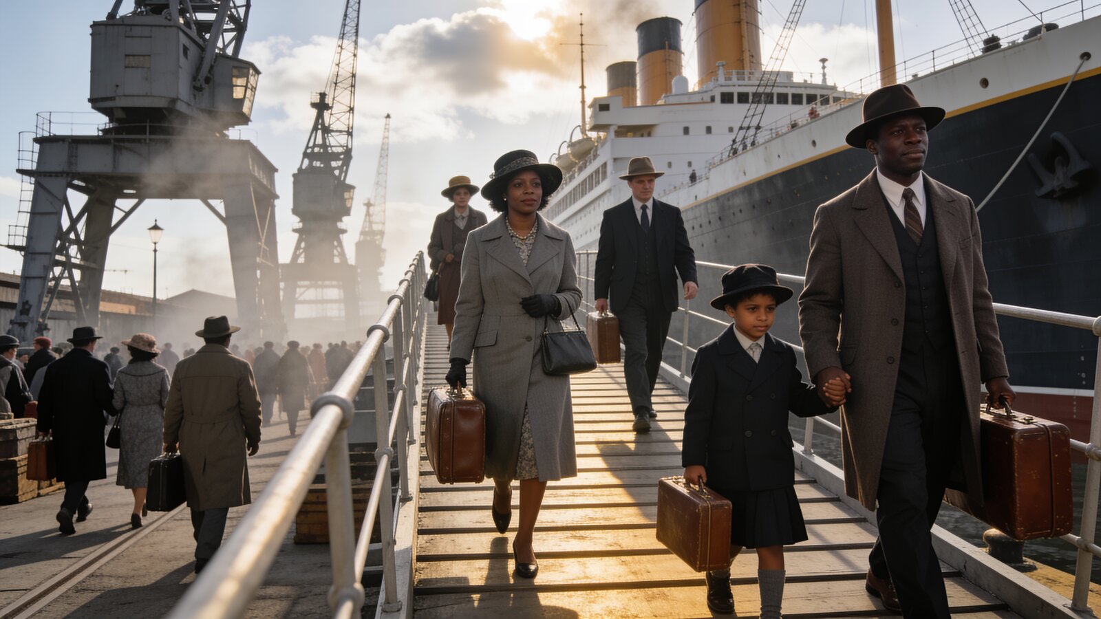 Illustration: smartly dressed families with suitcases coming down a ship's gangway at a busy dockside