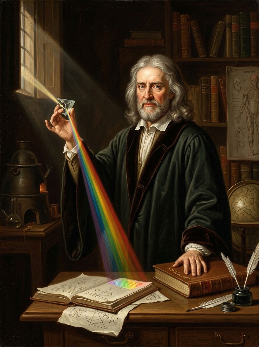 Illustration: a seventeenth-century natural philosopher holding a prism splitting light into a rainbow