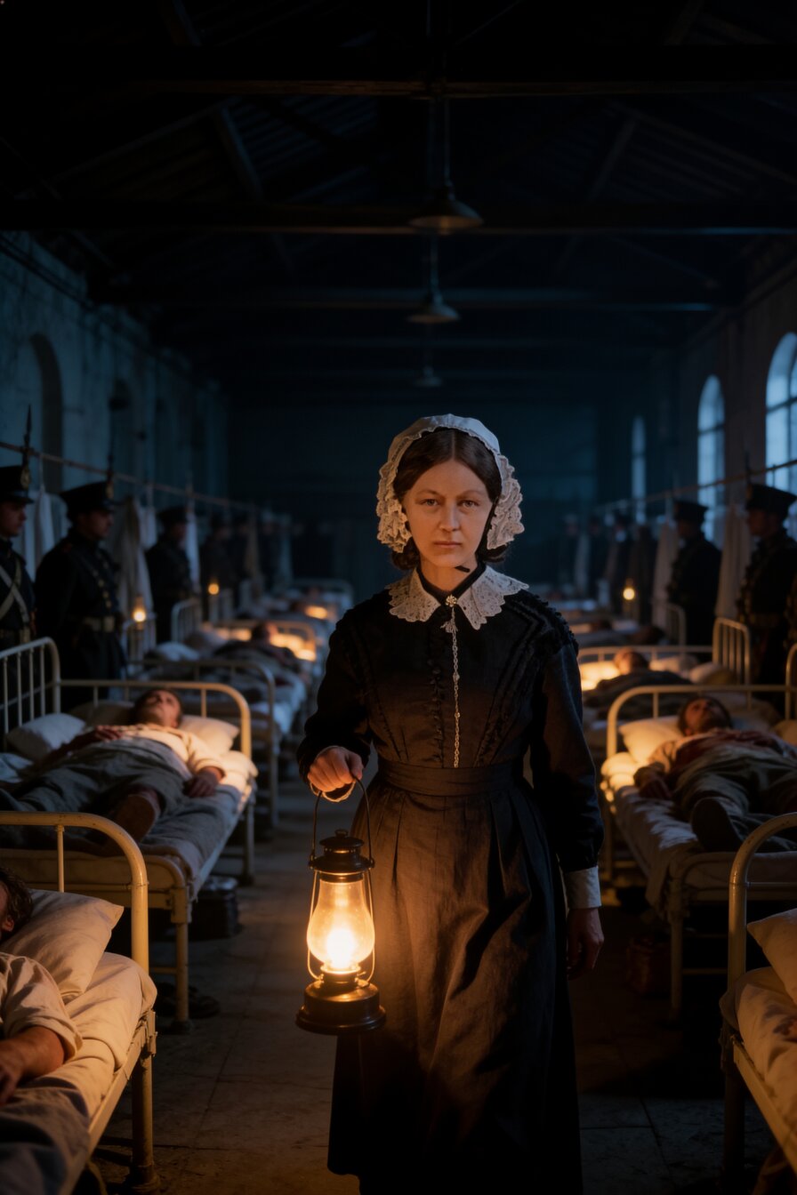 Illustration: a Victorian nurse carrying a glowing lamp through a dark military hospital ward at night