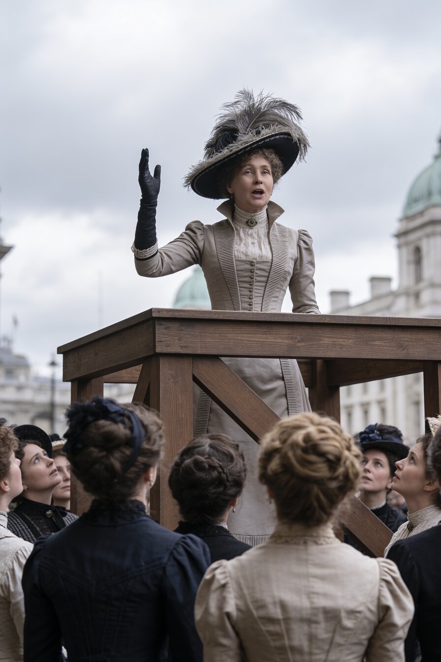 Illustration: an Edwardian woman in a feathered hat speaking from a platform to a crowd of women