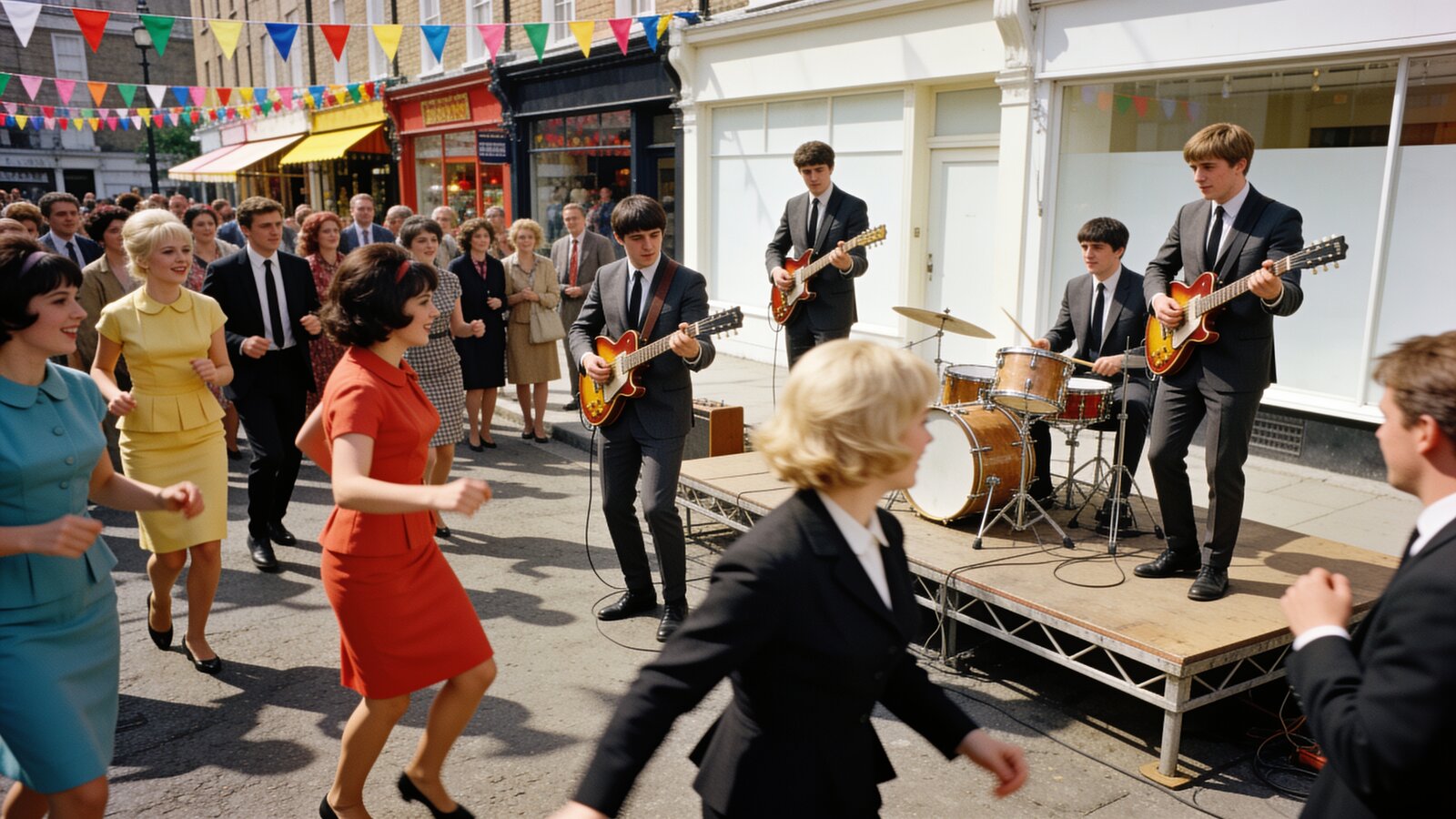 Illustration: a 1960s London street with boutiques, a scooter and a beat band playing on a small stage