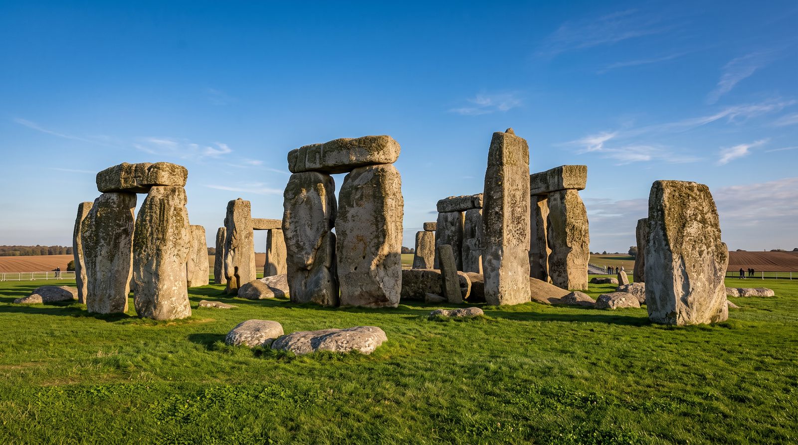 Illustration: the standing stones of Stonehenge on green grassland under a blue sky