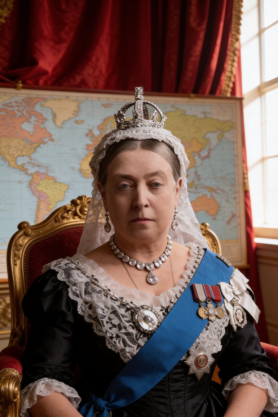 Illustration: Queen Victoria seated on a throne chair in a black dress with a small crown and blue sash