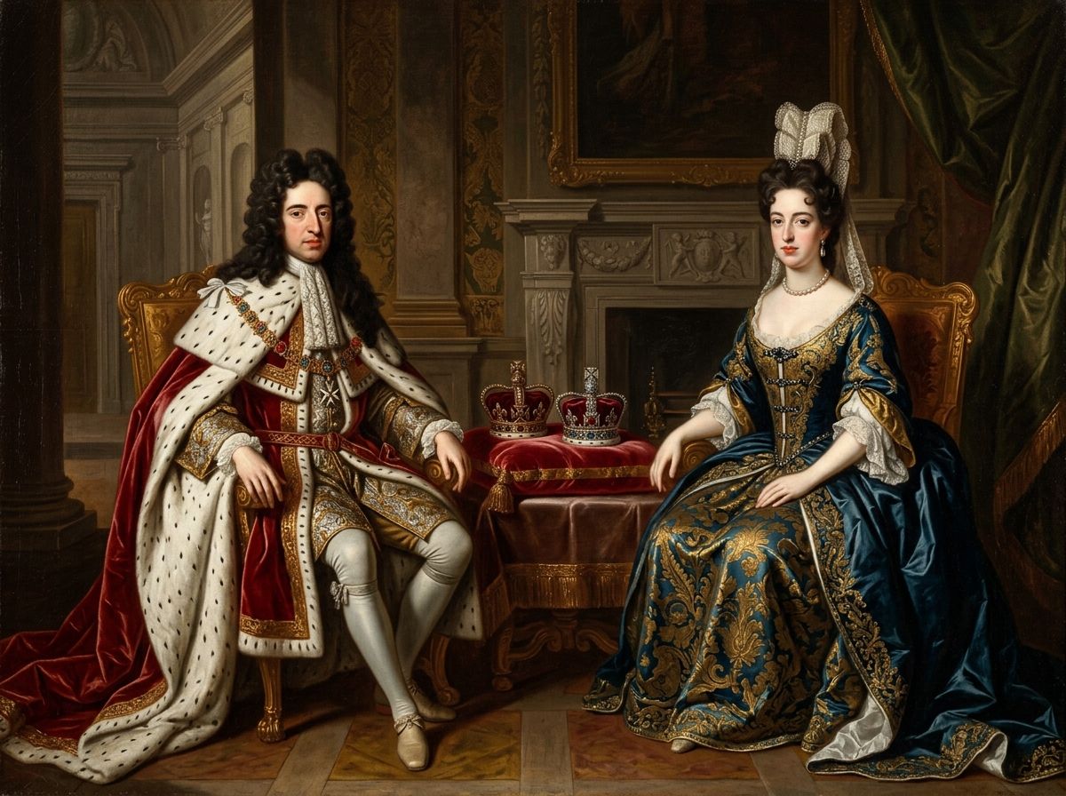 Illustration: a seventeenth-century king and queen seated side by side with two crowns on a cushion