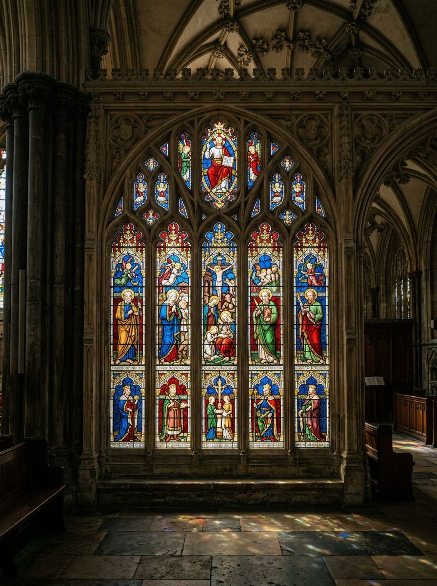 Illustration: a great Gothic stained glass window in a medieval English cathedral, rich blues and reds with lead came lines